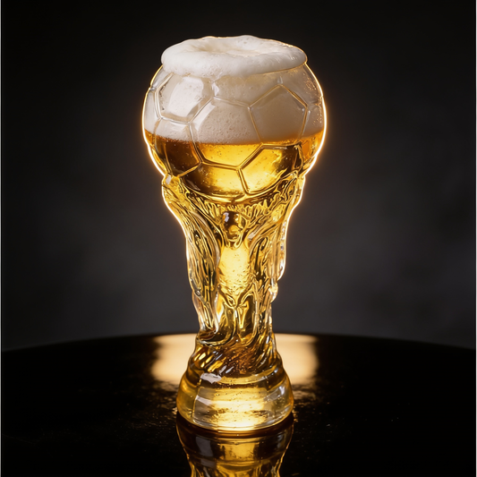 GloryCup llena de cerveza dorada con espuma — copa de cristal con forma del trofeo del Mundial, 800 ml